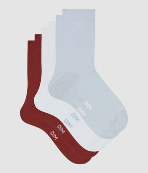 Lot de 3 paires de chaussettes femme Blanc Rouge Bleu Dim Basic Coton