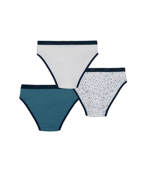 Pack of 3 girls' White Blue Les Pockets stretch cotton knickers with a star pattern