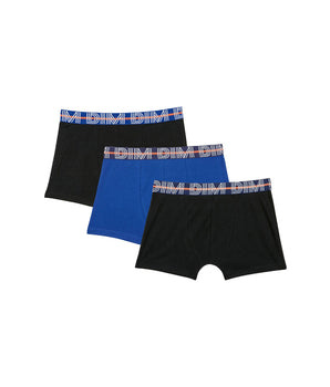 Lot de 3 boxers garçon coton stretch ceinture contrastée Bleu EcoDim