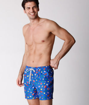 Men's Blue Swimsuit with Holiday Print