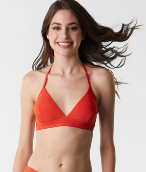 Non-wired bikini top in recycled nylon warn in orange