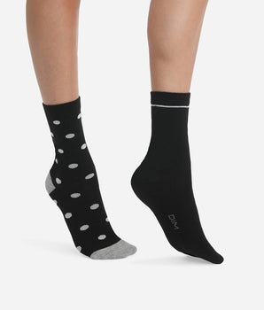 Pack of 2 pairs of women's socks Black with large polka dots Dim Coton Style