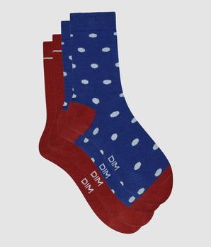 Lot de 2 paires de chaussettes femme à pois Bleu Rouge Dim Coton Style