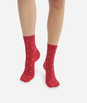 Women's ankle socks in shiny lurex Raspberry Red with polka dots Madame Dim