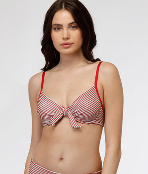 Refined Jaquard underwired bra and bow swimming costume, red stripes