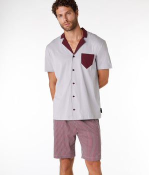 Men's short pyjamas in 100 % cotton, grey and burgundy