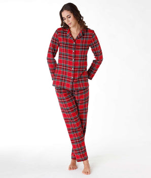 Pyjama long femme en flanelle, tartan rouge