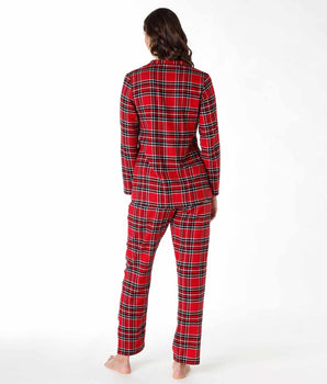 Pyjama long femme en flanelle, tartan rouge