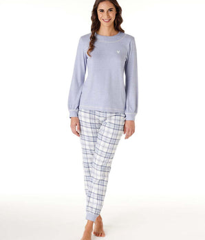 Pyjama long pour femme en maille chaude et flanelle bleu poudre