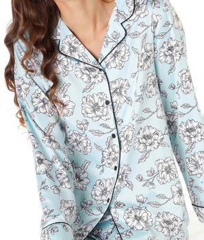 Pyjama long en satin pour femme, bleu azur