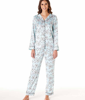 Women's long pyjamas in aqua blue satin