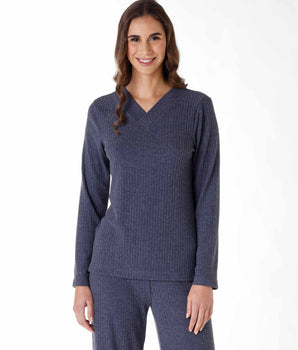 Pyjama long pour femme en côtes chaudes bleu gris