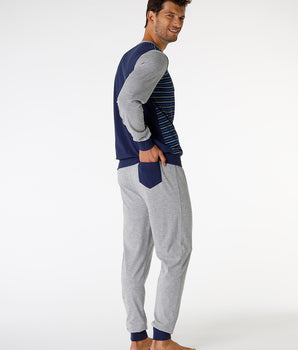 Men's jersey long pyjamas, striped blue and grey