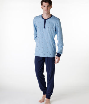 Long serafino pajama in heather blue jersey for men