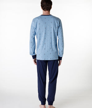 Long serafino pajama in heather blue jersey for men