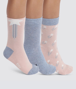 Pack of 3 pairs of children's socks with stars in Denim Pink Cotton Style