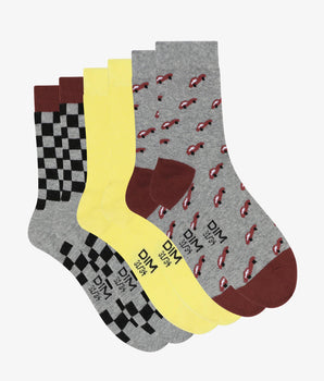 Pack of 3 pairs of checkered children's socks in Gray Yellow Cotton Style