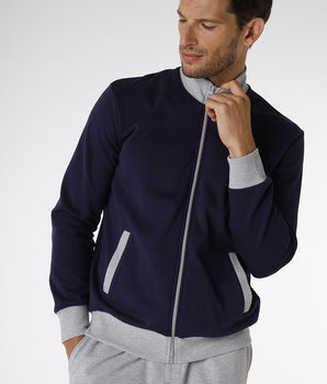 Pyjama homme en coton, bleu navy et gris mélangé