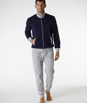 Pyjama homme en coton, bleu navy et gris mélangé