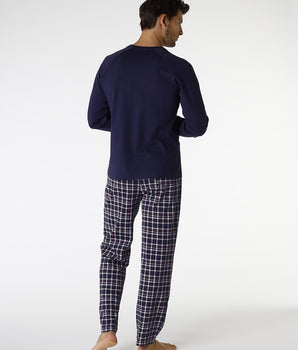 Pyjama coton Homme bleu marine et imprimé à carreaux