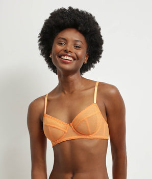 Underwired bra in orange tulle and Shiny Mesh lurex polka dots