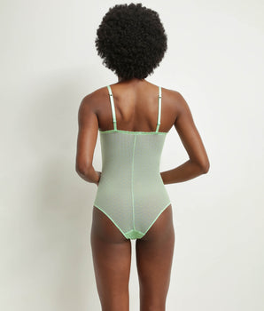 Women's sheer tulle bodysuit in green with lurex polka dots Dim Shiny Mesh