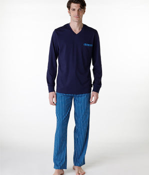 Long V-neck pajama in navy blue jersey for men