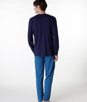 Long V-neck pajama in navy blue jersey for men