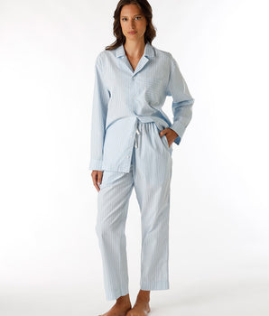 Pyjama long ouvert unisexe en toile de coton bleu à rayures