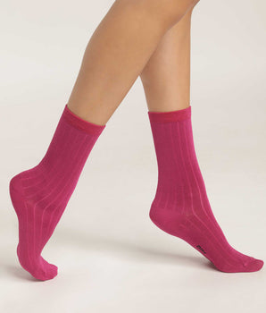 Chaussettes femme à côtes plates en coton satiné Fuchsia Dim Mode