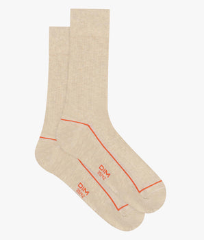 Beige ribbed cotton men's socks with coloured piping Dim Mode