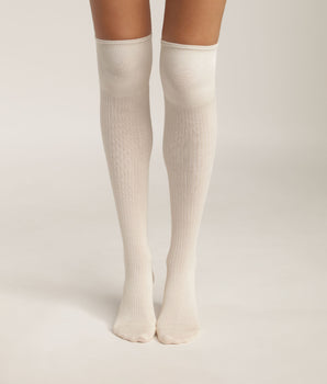 Chaussettes maxi hautes pour femme en coton côtelé Crème Dim