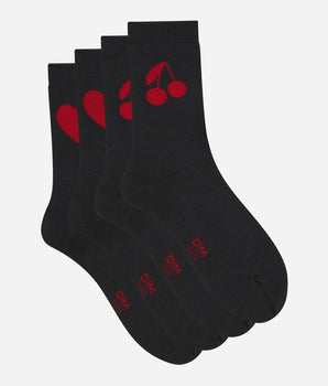 Dim Bamboo heart and cherry pattern socks for women, Dark Grey