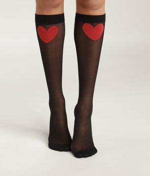 Mi-bas femme en voile transparent Noir motif coeur rouge Dim Style