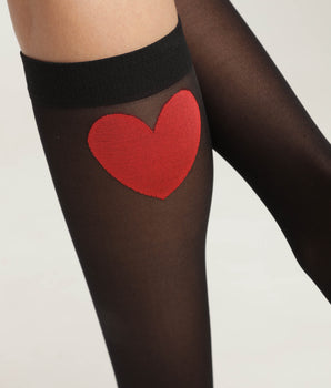 Mi-bas femme en voile transparent Noir motif coeur rouge Dim Style