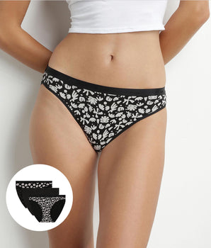 Pack of 3 black stretch cotton briefs with flowers Les Pockets