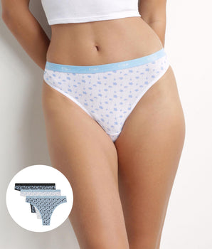 Pack of 3 stretch cotton thongs for women, blue-grey with flowers Les Pockets