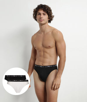 Pack of 2 Men's Briefs Black White Contrast Waistband Dim Cotton Stretch