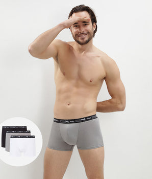 Pack of 3 pairs of black, grey and white stretch cotton trunks for men